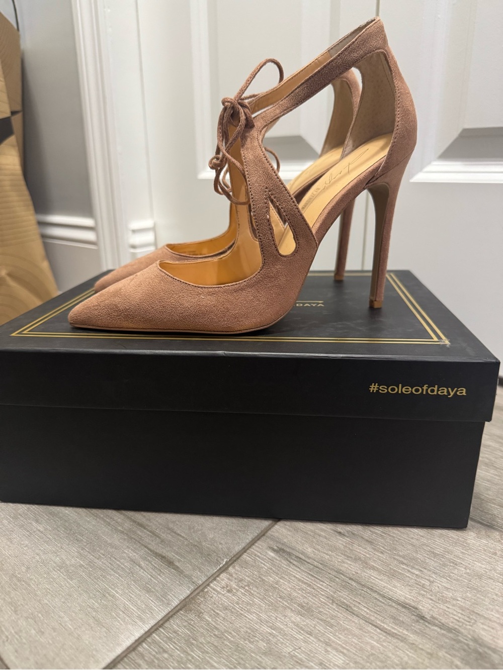 Brand New Taupe Suede Lace-Up Pointed-Toe Pumps by Zendaya
